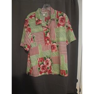Allison Daley Top Sz 8 Green Pink White Button‎ Up Beachy Floral Hawaiian Resort